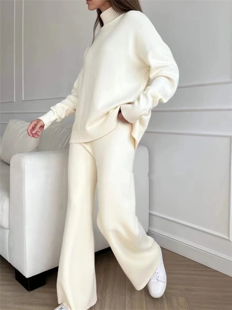 Autumn Winter 2 Pieces Women Sets Knitted Tracksuit Turtleneck Sweater and Straight Jogging Pants Suits Quick Pick Grocers