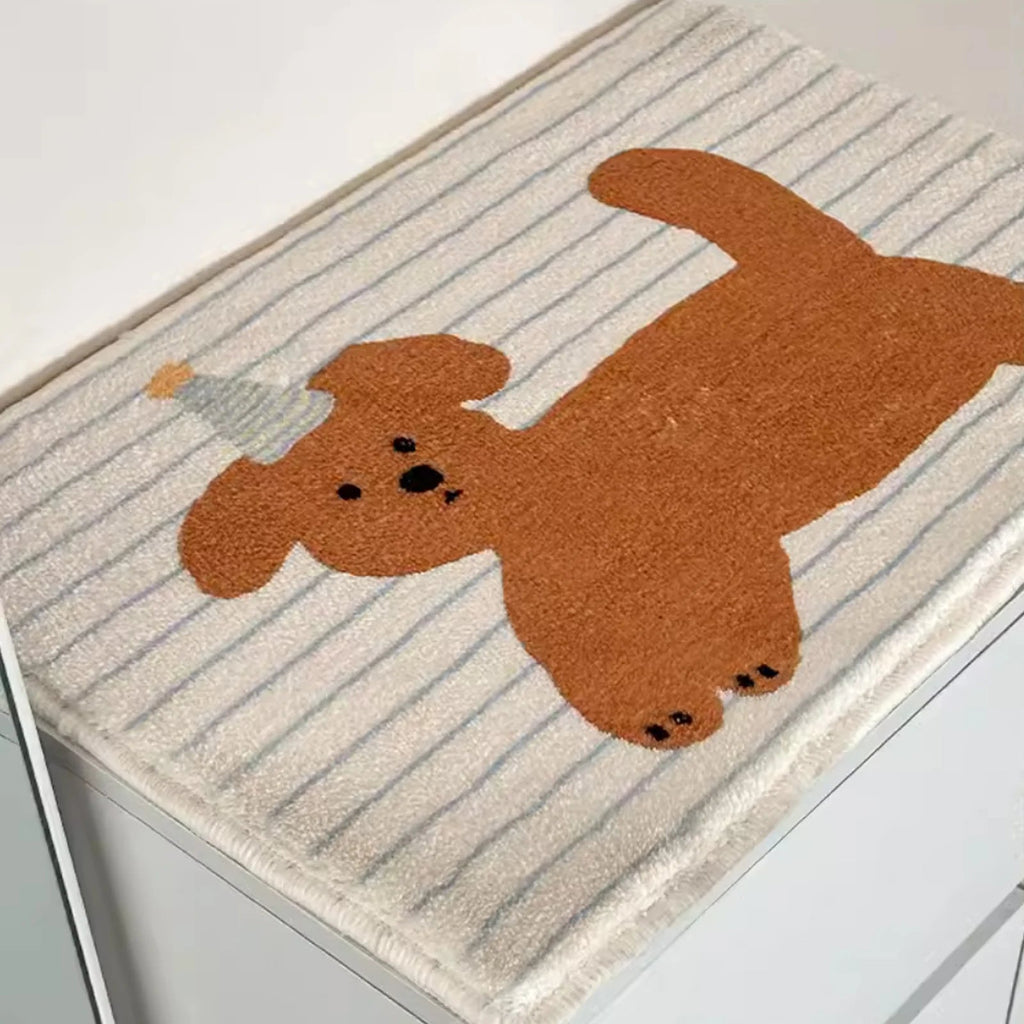 Striped puppy printed short fleece bathroom anti-slip mat, cute style door mat, indoor small carpet Quick Pick Grocers