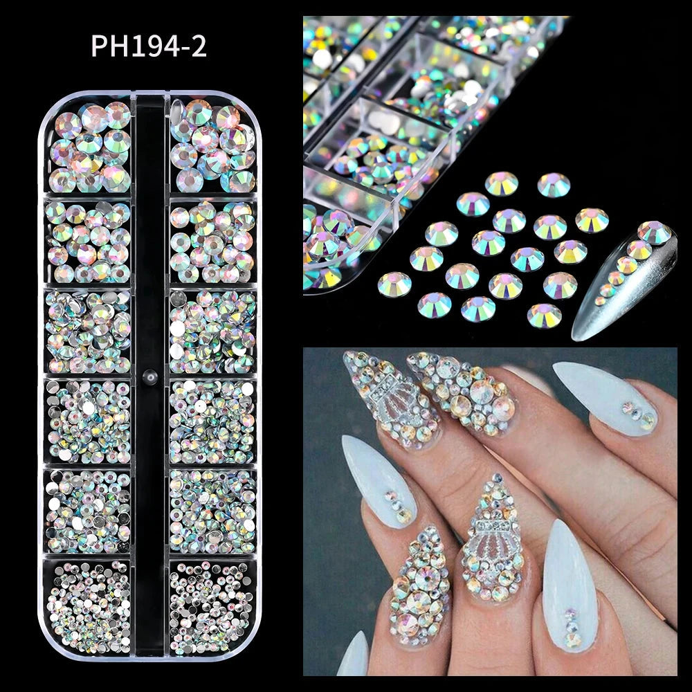 12Grids SS6-SS30 Mixed Nail Rhinestones Shiny Clear/Gold/Pink/Blue Diamond Flat-back Nail Gems Glass Stones Nails Decoration Econic Blanks