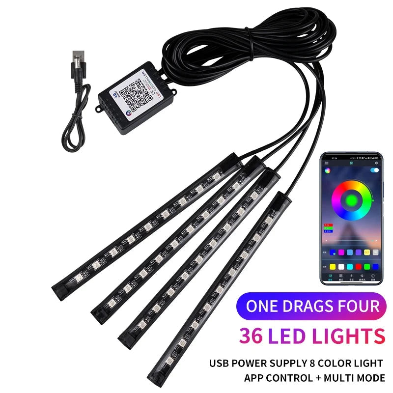Neon LED Car Interior Ambient Light Kit – RGB Foot Strip Lighting with APP & Remote Control, Music Sync Car Decor Lamp Econic Blanks