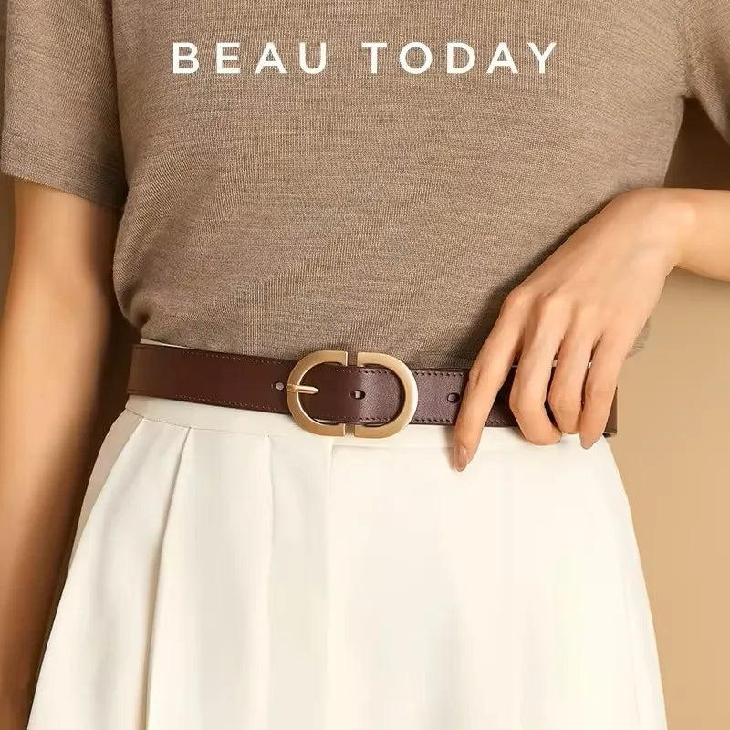 BEAUTODAY Belt Women Genuine Cow Leather Metal Oval Buckle Retro Simple Solid Ladies Jeans Dress Waistband Handmade 91012 Quick Pick Grocers