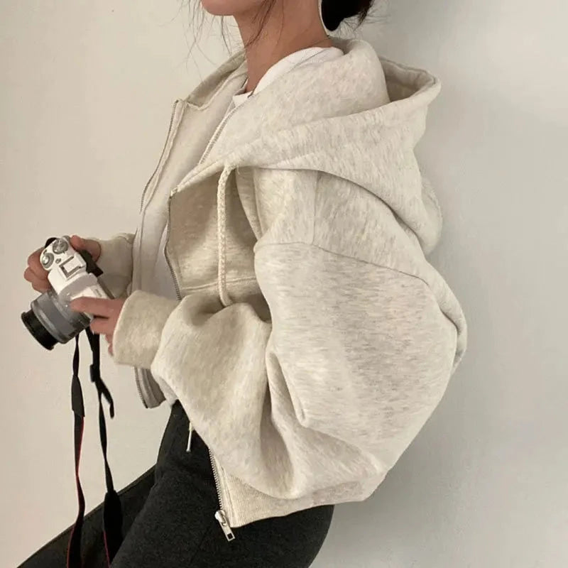 Casual Hood Sweatshirt Women Y2K Zip Up Hoodies Solid Harajuku Long Sleeve Shirt Oversized Crop Tops Female Loose Jackets Coat Econic Blanks