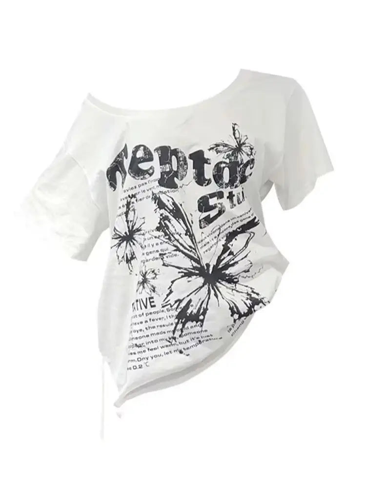 White Y2k Vintage Oversize Off shoulder Short sleeve T shirt With Print Women Casual Graphic Summer Top Butterfly Tees Quick Pick Grocers