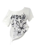 White Y2k Vintage Oversize Off shoulder Short sleeve T shirt With Print Women Casual Graphic Summer Top Butterfly Tees Quick Pick Grocers