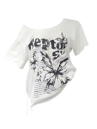 White Y2k Vintage Oversize Off shoulder Short sleeve T shirt With Print Women Casual Graphic Summer Top Butterfly Tees Quick Pick Grocers