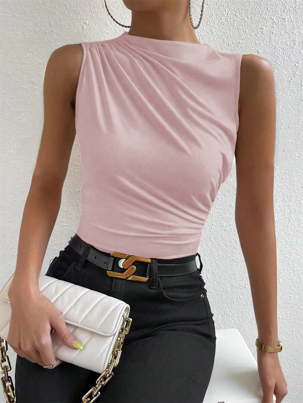 Women's Casual Mock Neck Ruched Tank Top Summer 2024 Solid Color Slim Fit Pleated Sleeveless T Shirt Tee Tshirt Streetwear Quick Pick Grocers