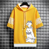 Japan Fashion Men's Hoodies Summer Men Clothing Cartoon Casual Harajuku Streetwear Print Hooded Top Short Sleeve Sweatshirts Men Quick Pick Grocers