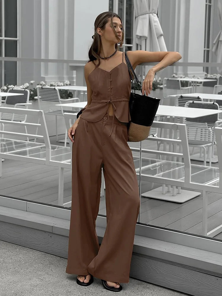 Mueyaruho Women 2026 Summer Office Pant Set Suits Solid Beige Outfits 2 Two Piece Wide Leg Matching Set For Women Quick Pick Grocers