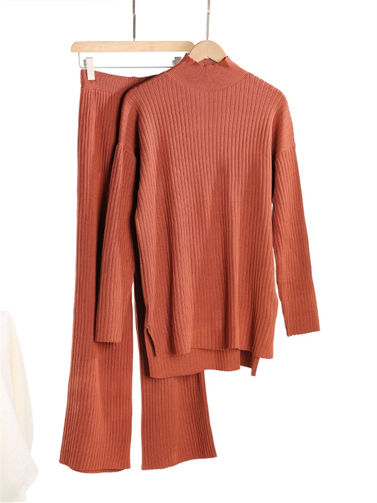 Autumn Winter 2 Pieces Women Sets Knitted Tracksuit Turtleneck Sweater and Straight Jogging Pants Suits Quick Pick Grocers