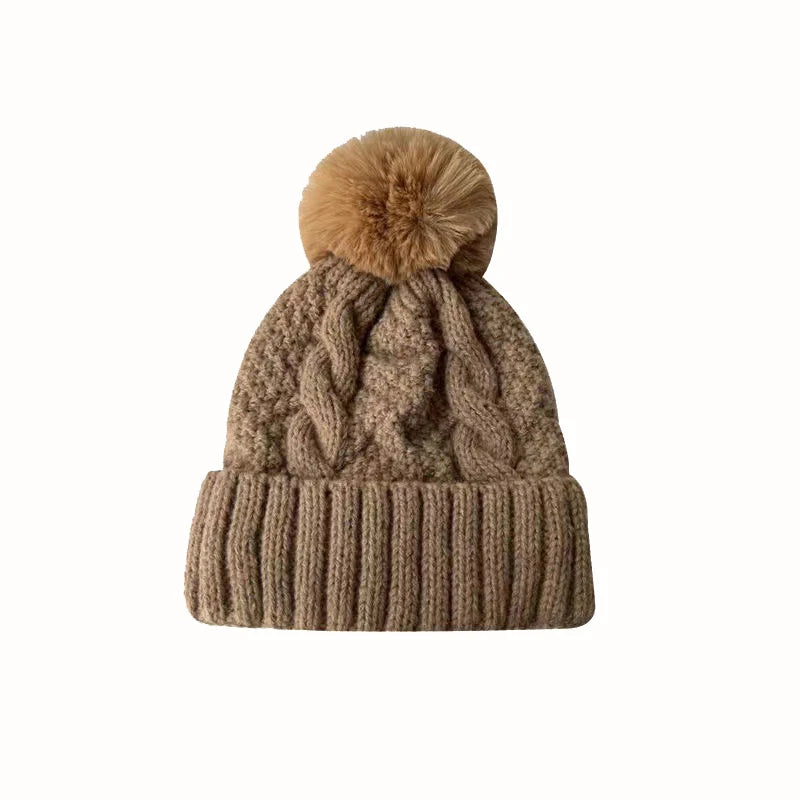 New Winter Twist Knitting Hat For Women Fur Pompom Thick Plush Cap Beanie Solid Color Ladies Warm Ski Snow Skullies Beanies Purest Peak