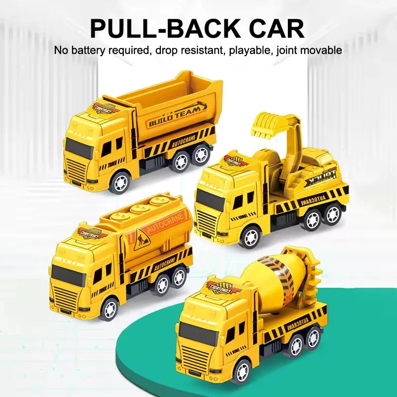 4 Pack Pull Back Cars, Friction Powered Toy Vehicles Construction Set - Dump Truck Crane for Toddlers Boys Girls Gift Quick Pick Grocers