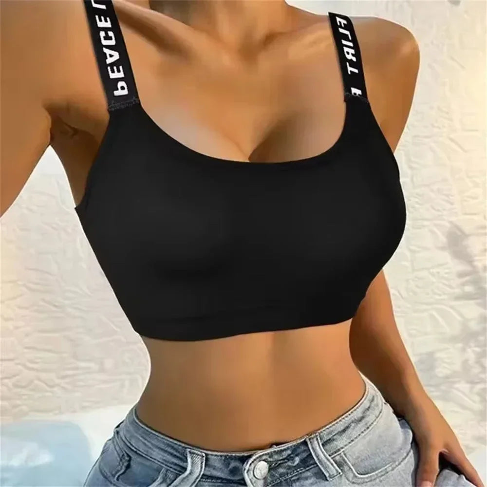 Fashion Tank Tops Sports Underwear Women Yoga Fitness Seamless Crop Top Wide Letter Straps Comfortable Workout Activewear Quick Pick Grocers