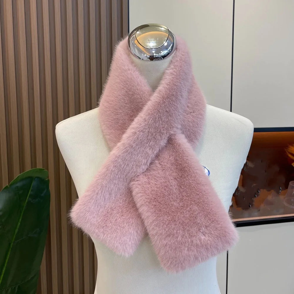 Women Winter Warm Thicken Cross Collar Scarf Solid Color Faux Rabbit Fur Cold Proof Scarves Fashion Soft Furry Neck Warmer Quick Pick Grocers