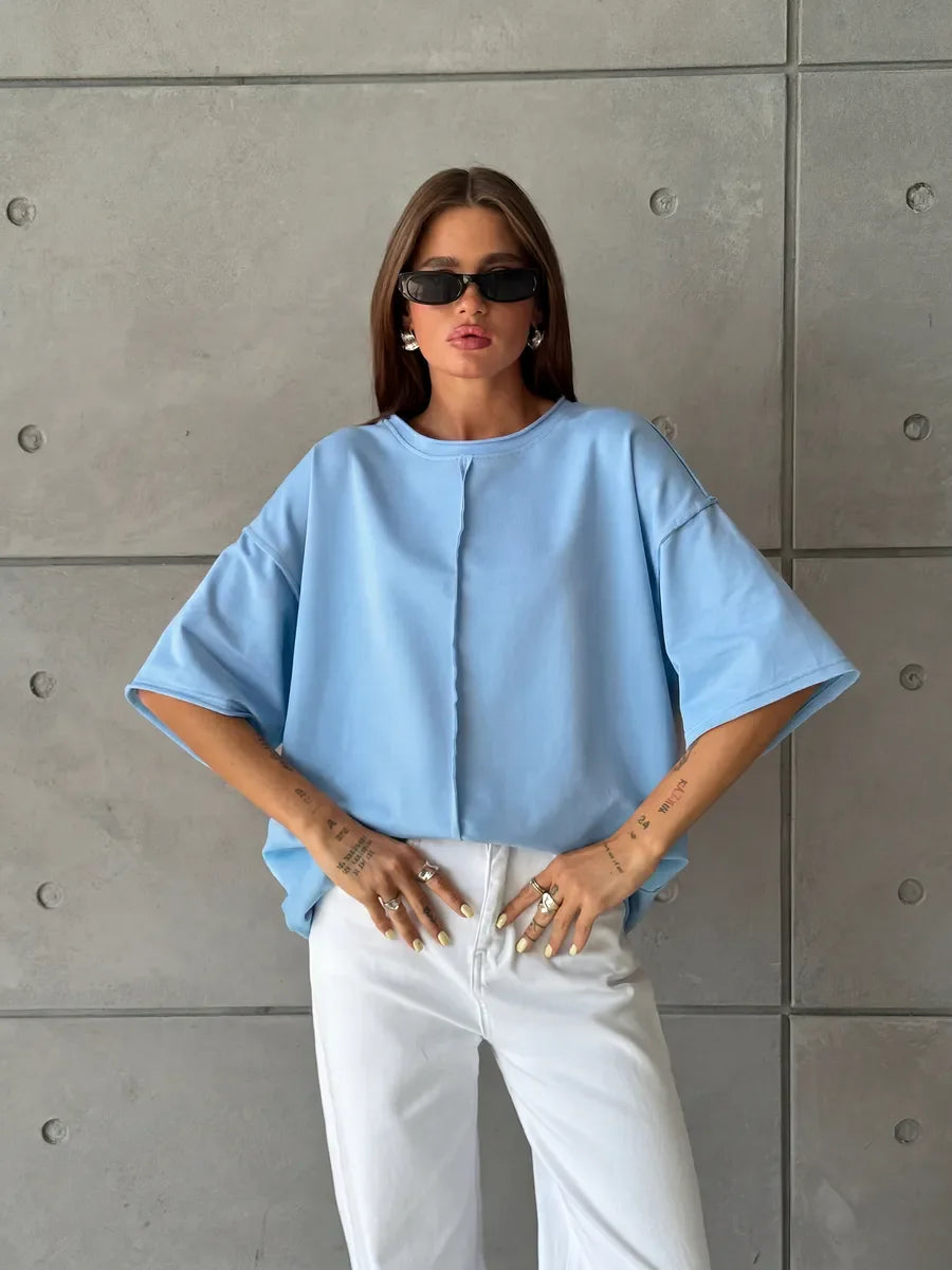Hirsionsan Summer Casual Oversized T-shirts Women 100% Cotton Pink Loose Tees 2025 New Cusual Solid O Neck Female Aesthetic Tops Quick Pick Grocers