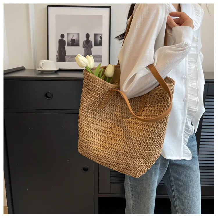 Hand-woven Women's Shoulder Handbag Bohemian 2025 Summer Fashion Straw Beach Tote Bag Travel Shopper Weaving Shopping Bags Quick Pick Grocers