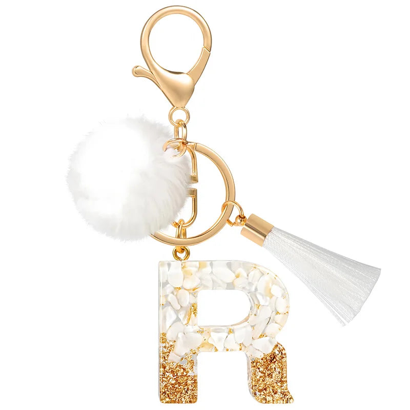 Creative Resin Initials White Fringe Fur Ball Women Keychain A-Z Letter Pendant Handbag Decor Car Key Ring Jewelry Gift Quick Pick Grocers