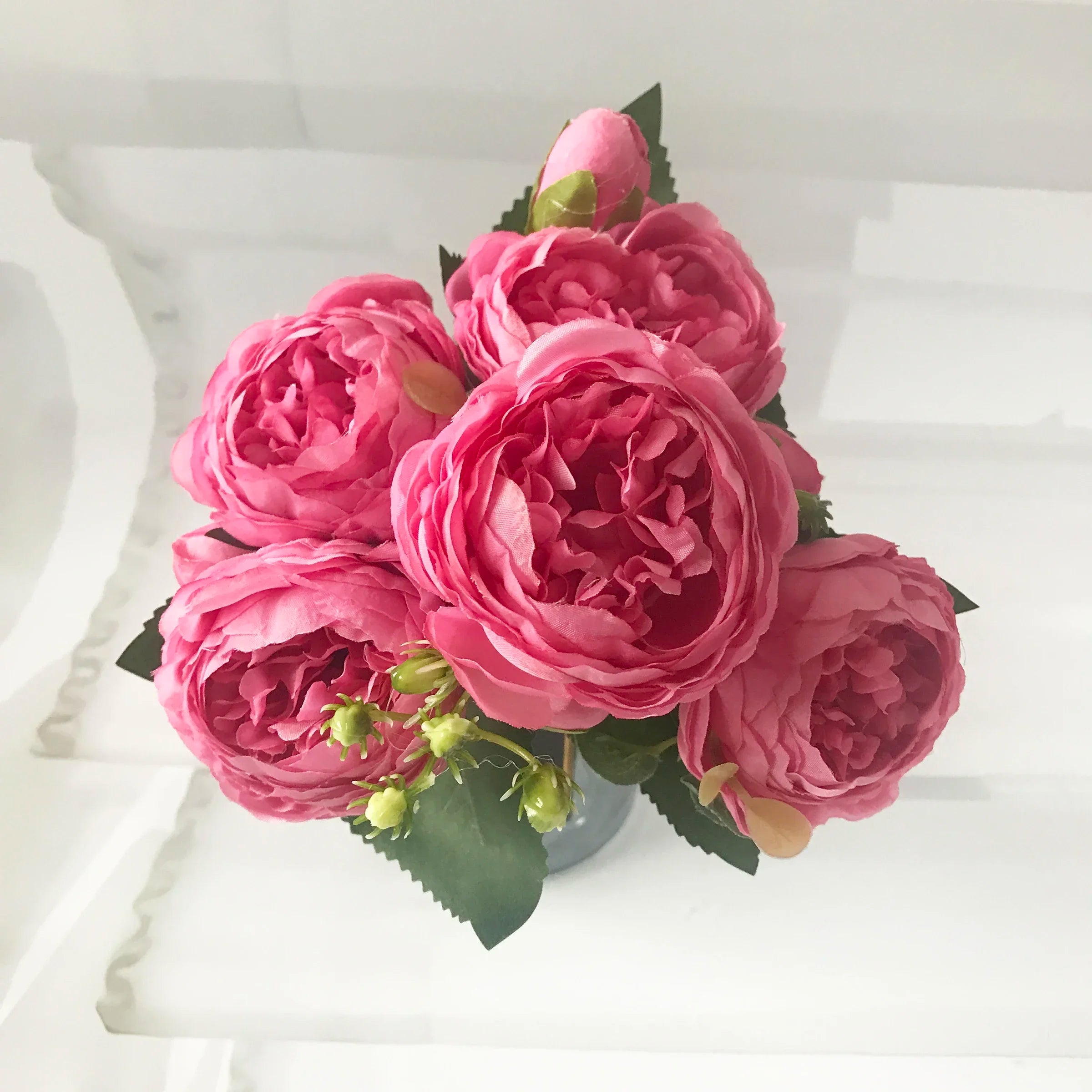 30cm Rose Pink Silk Peony Artificial Flowers Bouquet 5 Big Head and 4 Bud Cheap Fake Flowers for Home Wedding Decoration indoor Quick Pick Grocers