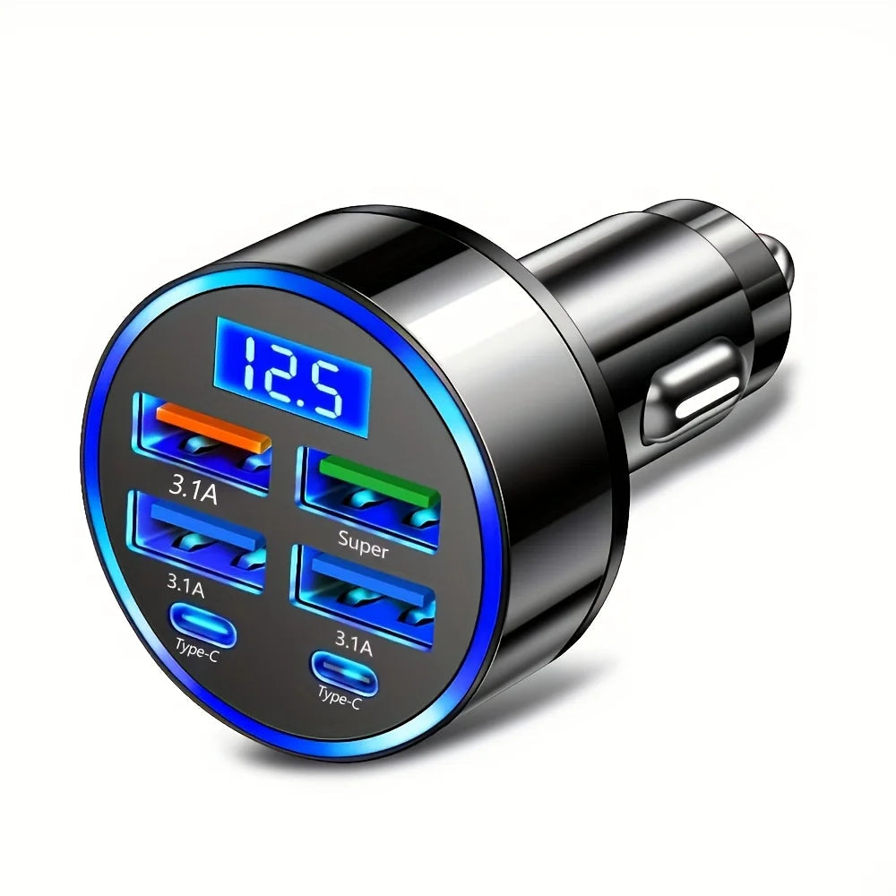 6-in-1 Fast Charging Car Adapter 3.1A Dual Type-C Digital Display Smartphones Tablets Power Banks Black Portable Charger Quick Pick Grocers