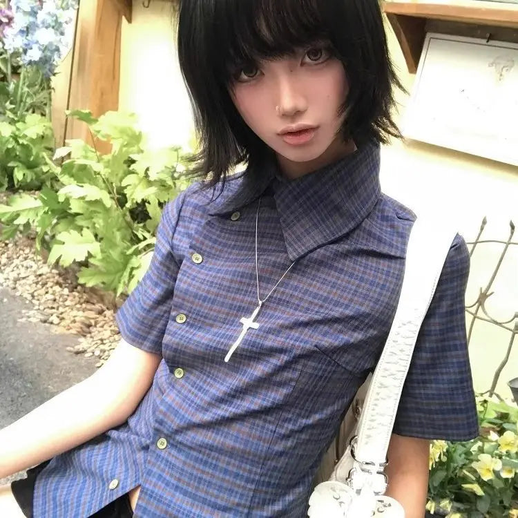 Genayooa Vintage Plaid Casual Shirt Women Short Sleeve Y2k Tops Japanese 2000s Summer Shirt Irregular American Retro 90s Tshirts Quick Pick Grocers