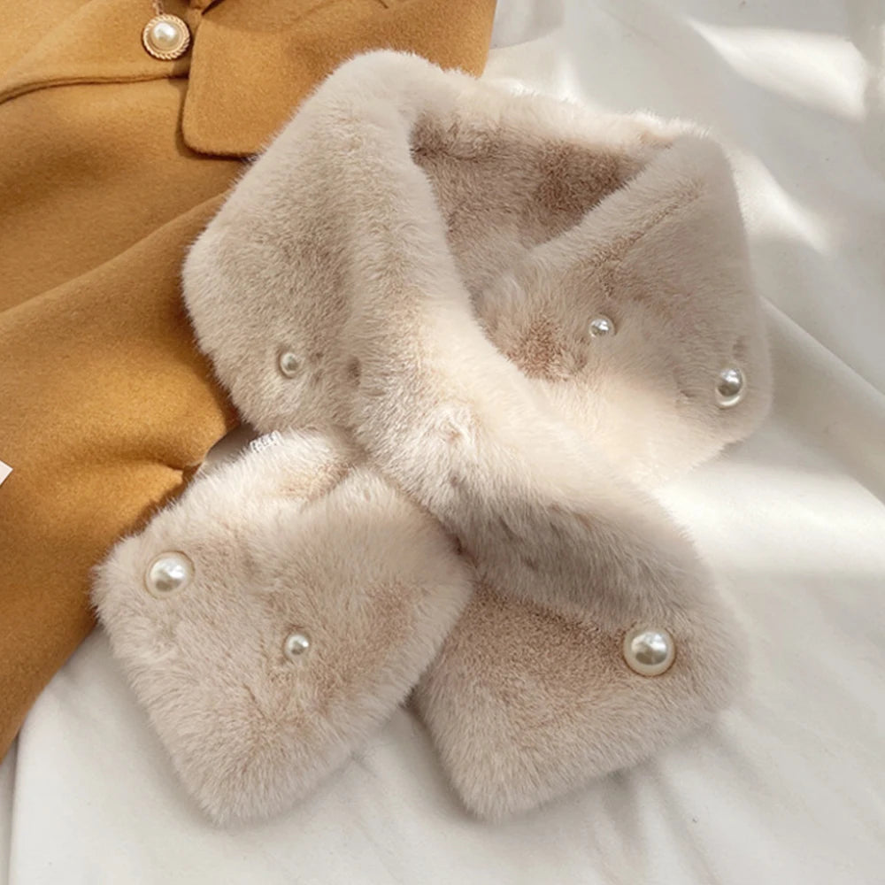 Women Winter Warm Thicken Cross Collar Scarf Solid Color Faux Rabbit Fur Cold Proof Scarves Fashion Soft Furry Neck Warmer Quick Pick Grocers