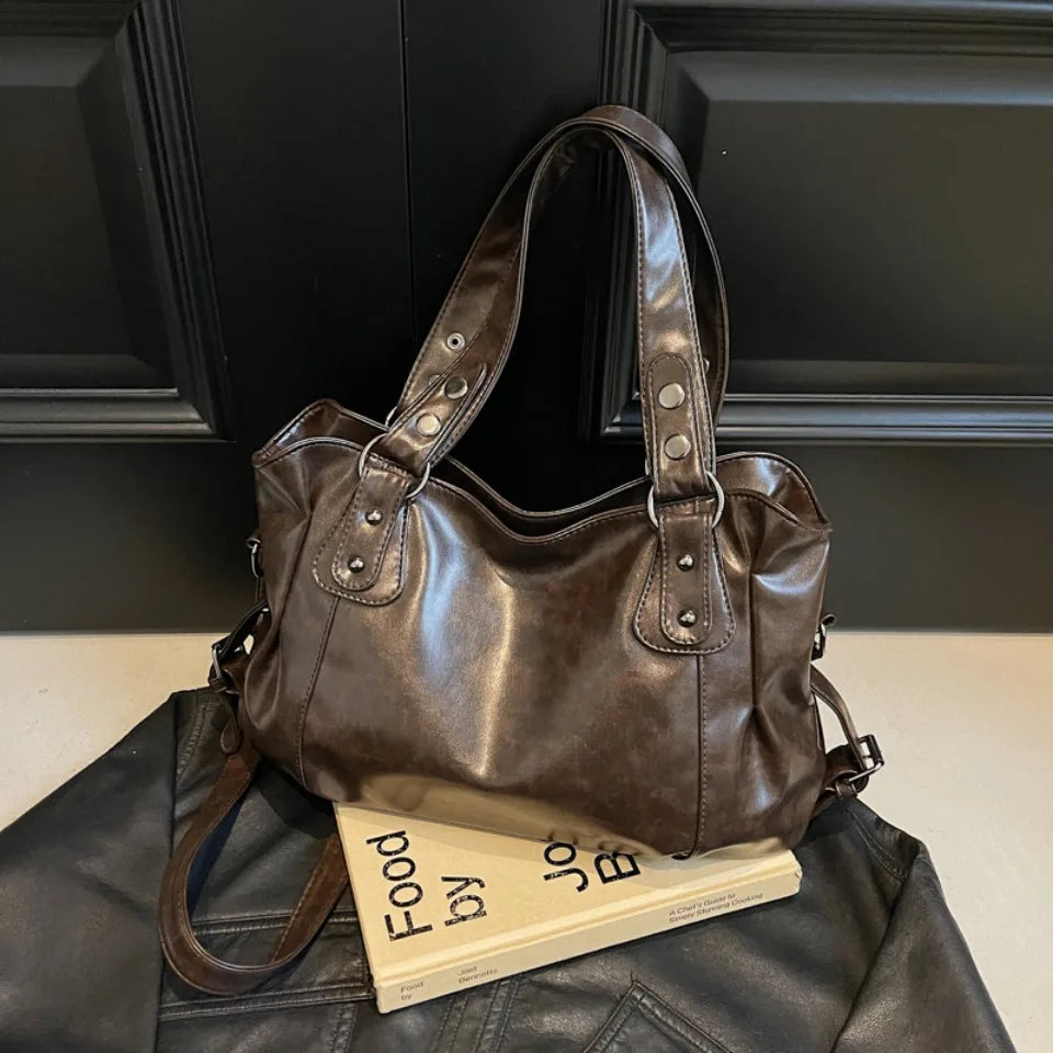 Retro Brand Roomy Shoulder Bag Female Luxury Solid Color Classic Crossbody Bag Large Capacity Style Soft PU Leather Tote Bag Quick Pick Grocers