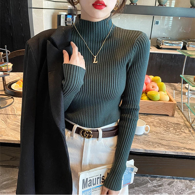 New Women's Elegant Solid Basic Knitted Tops Women Turtlneck Sweater Long Sleeve Casual Slim Pullover Fashion Simple Chic Tops Quick Pick Grocers