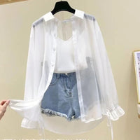 Smvp Chiffon Blouses for Women Summer Thin Loose Button-Up Sunscreen Shirt Woman Korean Fashion Bow Lace-up Long Sleeve Shirts Quick Pick Grocers