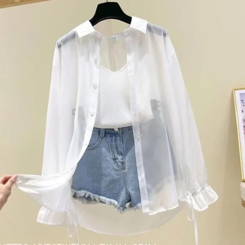 Smvp Chiffon Blouses for Women Summer Thin Loose Button-Up Sunscreen Shirt Woman Korean Fashion Bow Lace-up Long Sleeve Shirts Quick Pick Grocers