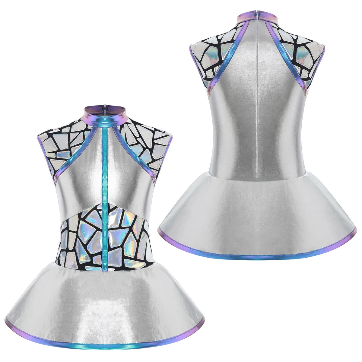Girls Shiny Alien Outerspace Halloween Cosplay Costume Sleeveless Mock Zip Neck Tutu Dance Dress for Future World Party Quick Pick Grocers
