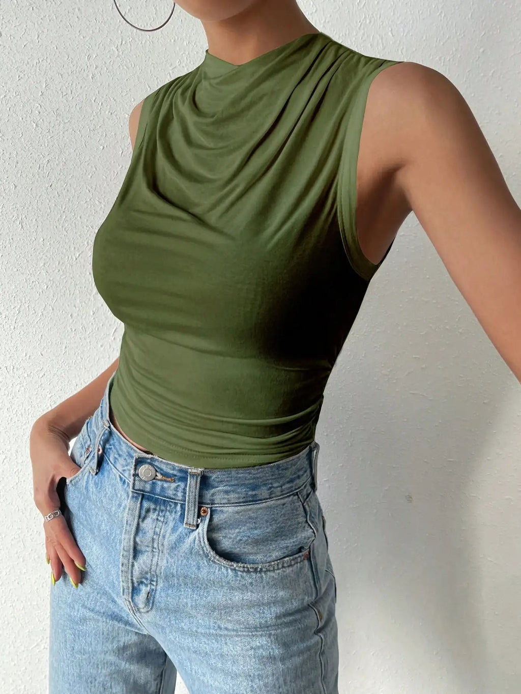 Women's Casual Pleated Design Top Summer Fashion Street Style Solid Color Slim Half High Neck Sleeveless T-Shirt Top Quick Pick Grocers