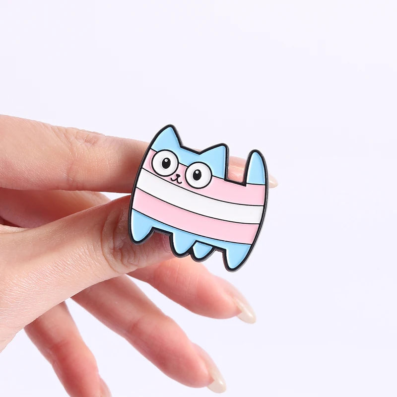 LGBT Pride Rainbow Striped Cat Brooch Enamel Pins Cute Cartoon Big Eye Kitten Brooch Lapel Badge Animal Jewelry Gift for Friends Quick Pick Grocers