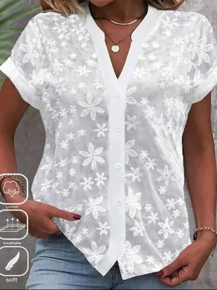 Cropped Shirt White Lace Blouse Eyelet Cut Embroidery Top Wear Hollow Out Women's Summer Clothing Quick Pick Grocers
