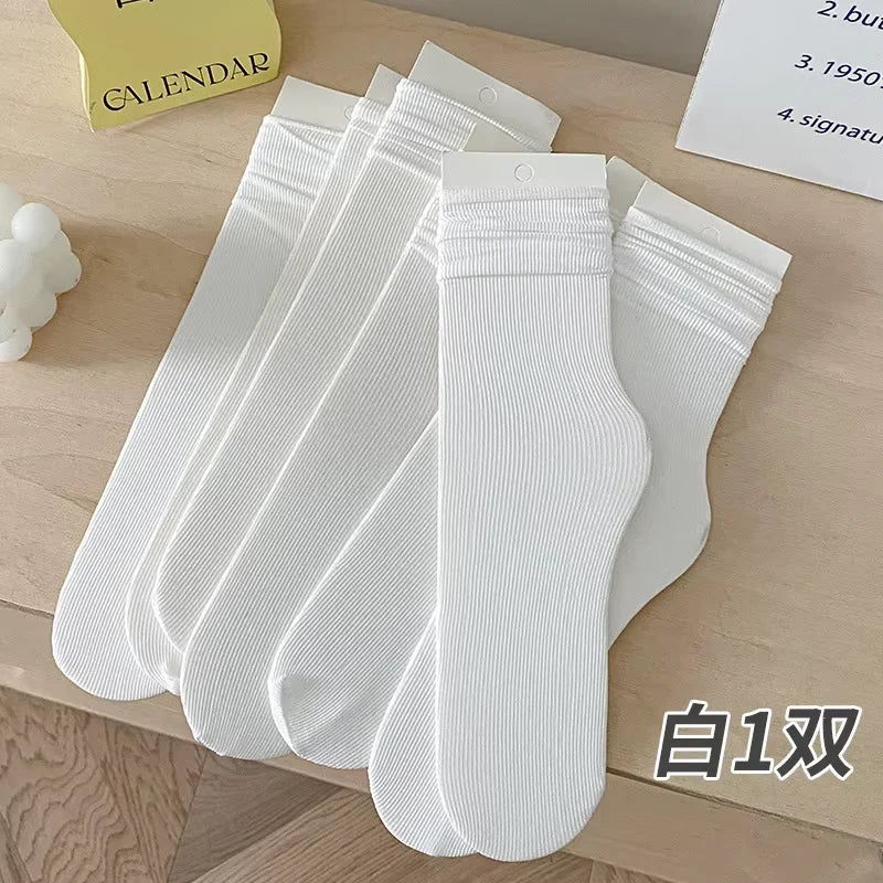 INS Women Girls Summer Thin Long Socks Ice Velvet Soft Breathable Pile of Socks Solid Black White Beige Harajuku High Tube Socks Quick Pick Grocers