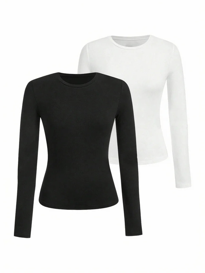 Women's solid-color long-sleeved T-shirt - Polyester knitted fabric, round neck, regular fit, fall-winter style Quick Pick Grocers