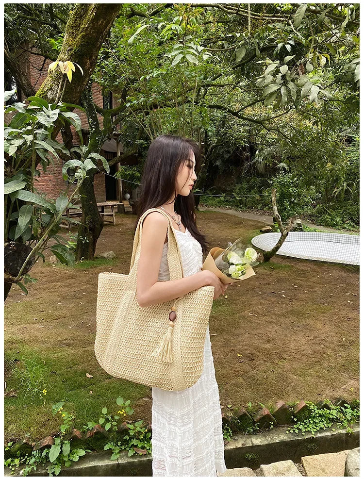 Elegant Ladies Straw Woven Handbag Women Holiday Beach Commute Casual Tote Top-Handle Bags Fashion Retro Shoulder Bags 2024 Quick Pick Grocers