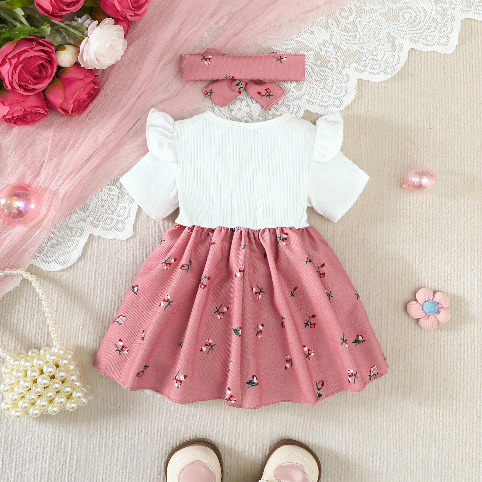 2Pcs/Set Baby girl Dress Small Floral Large bow Summer,Dress+Headband Set suitable for 0-24 Months Baby girls Fashionable Dress Quick Pick Grocers