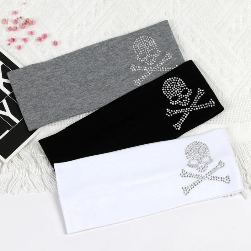 SKull Design Retro Street Punk Style Rhinestone Hair Strap Hot Girls Elastic Wide Edge Hairband Sports Anti Sweating Headband Quick Pick Grocers