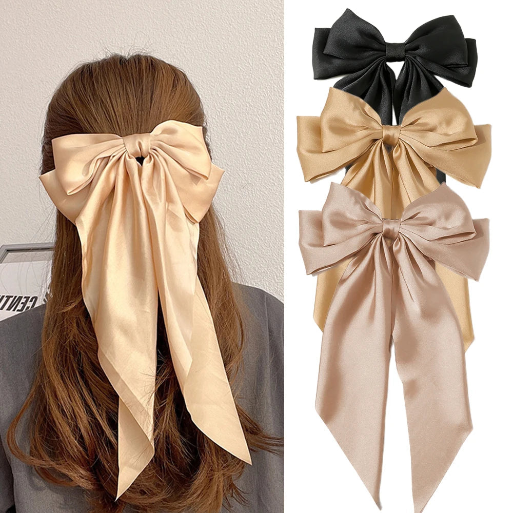 Korean Accessories Hair Clips for Women Girls Big Bowknot Solid Satin Long Ribbon Bows Spring Clamp Barette Cheveux Femme 2023 Quick Pick Grocers