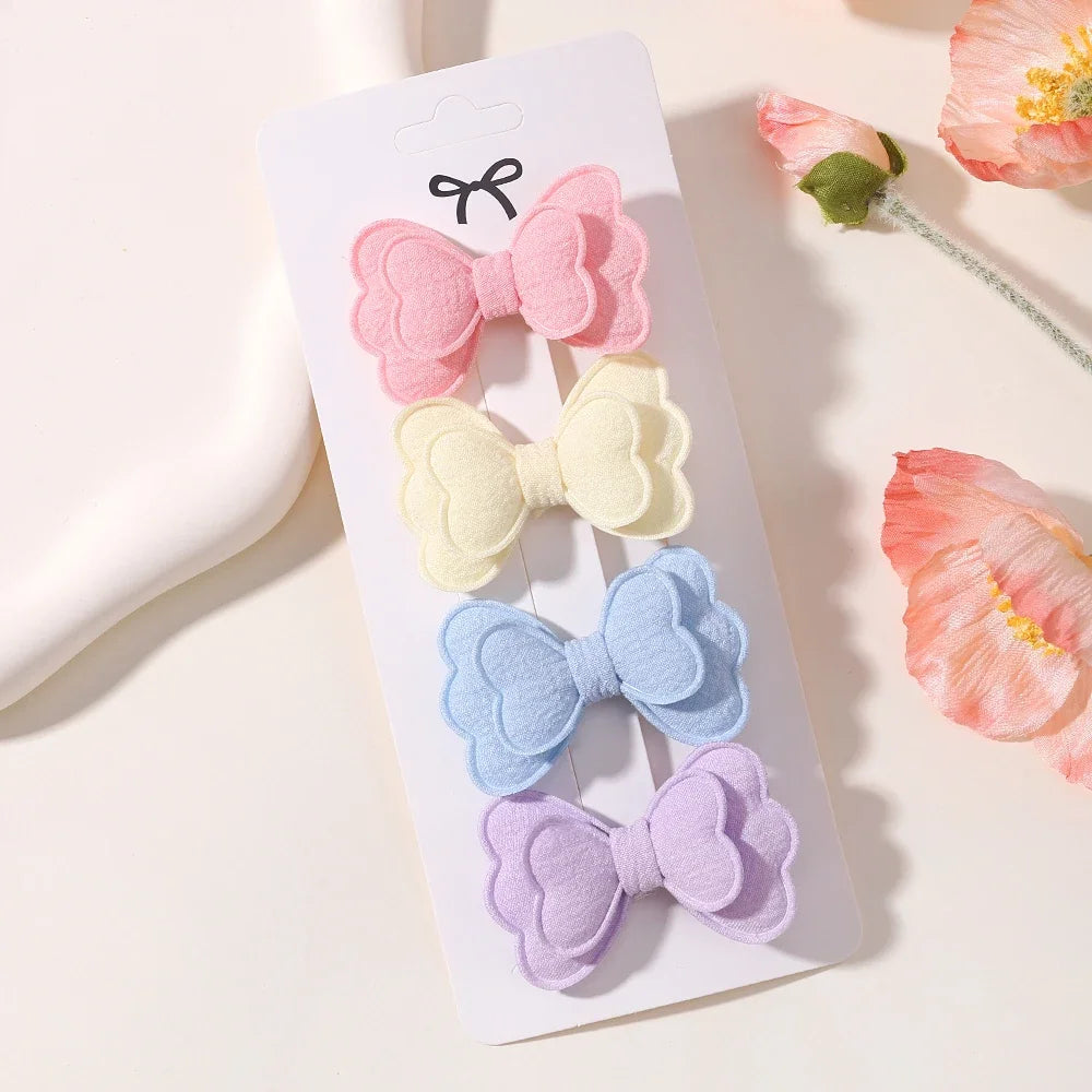 4Pcs/set Candy Colored Hair Clip Set for Girls Double Layered Bow Cute Bangs Hair Pin Cotton Safe Children's Hair Accessories Purest Peak