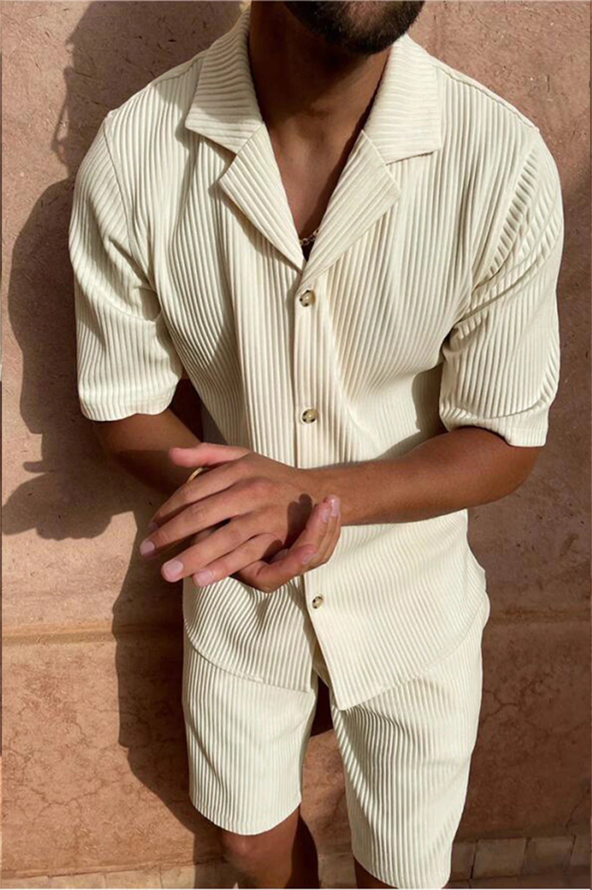 Spring/Summer suit Solid color corduroy shorts sleeve shirt and shorts stretch beach casual suit Quick Pick Grocers