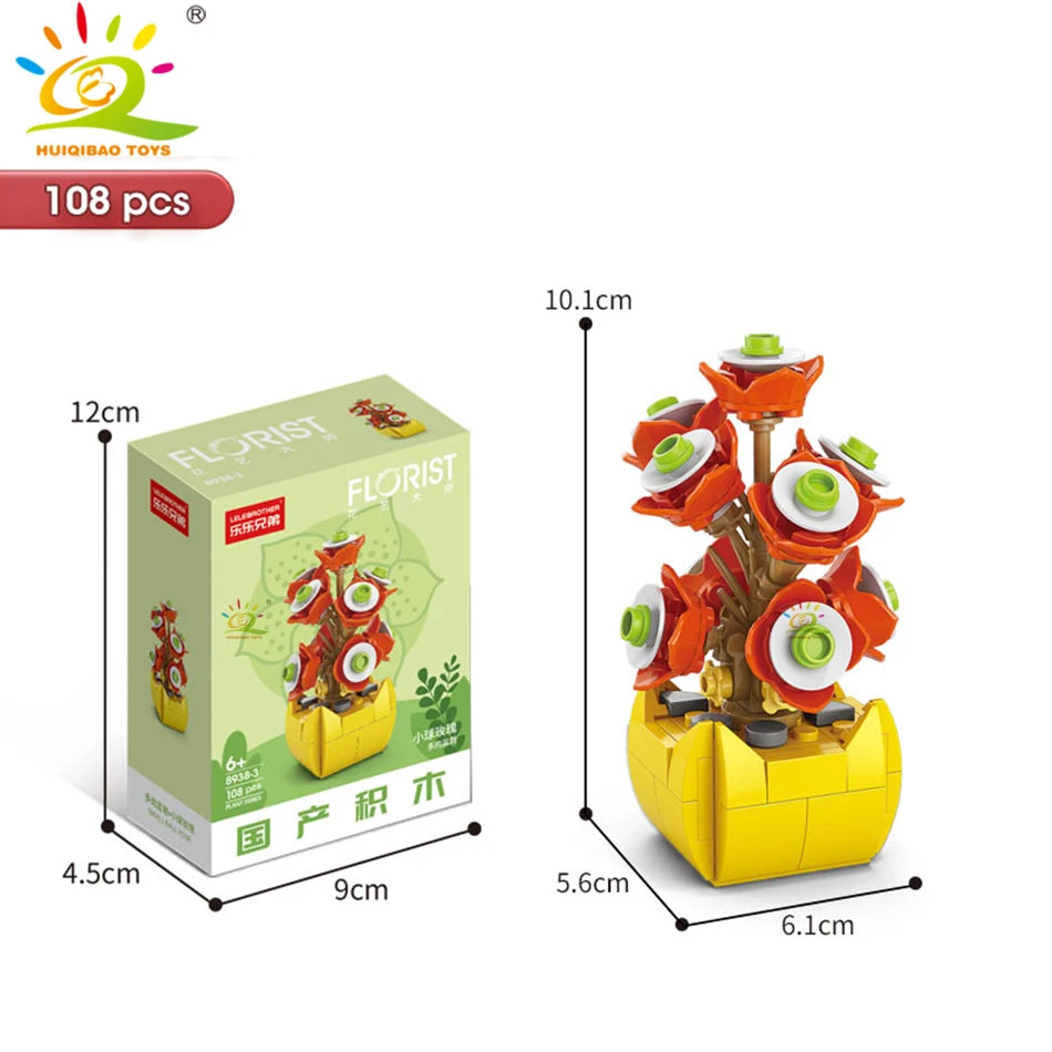 HUIQIBAO MOC Flower Succulent Potted Model Building Block DIY Eternal Bouquet Home Desk Plant Decor Brick Girl Gift Children Toy Quick Pick Grocers