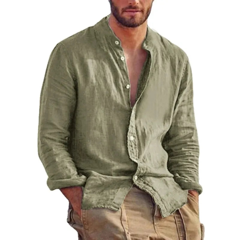 Sweatwear Men's Long Sleeve Shirt Linen Solid Color Shirts Trend Stand Collar Casual Lightweight Breathable Tops Hawaiian Shirt Quick Pick Grocers