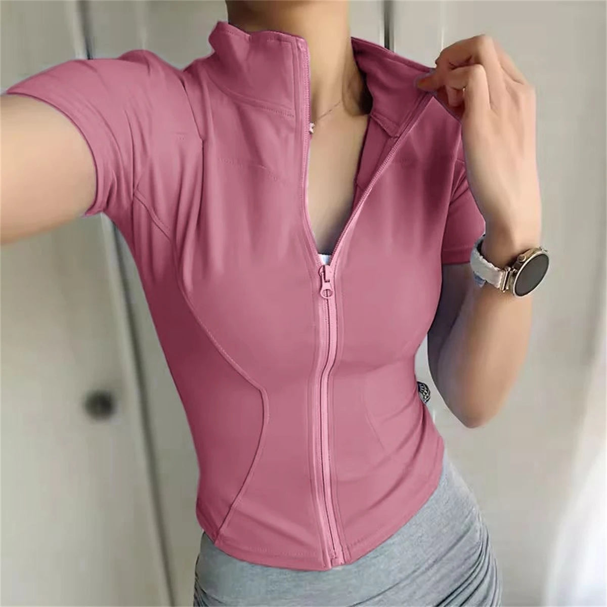 Women Summer Slim Yoga Tops Stand Collar Full Zipper Short Sleeves Shirts Solid Workout Clothes Gym Running Coats Lady Casual Quick Pick Grocers