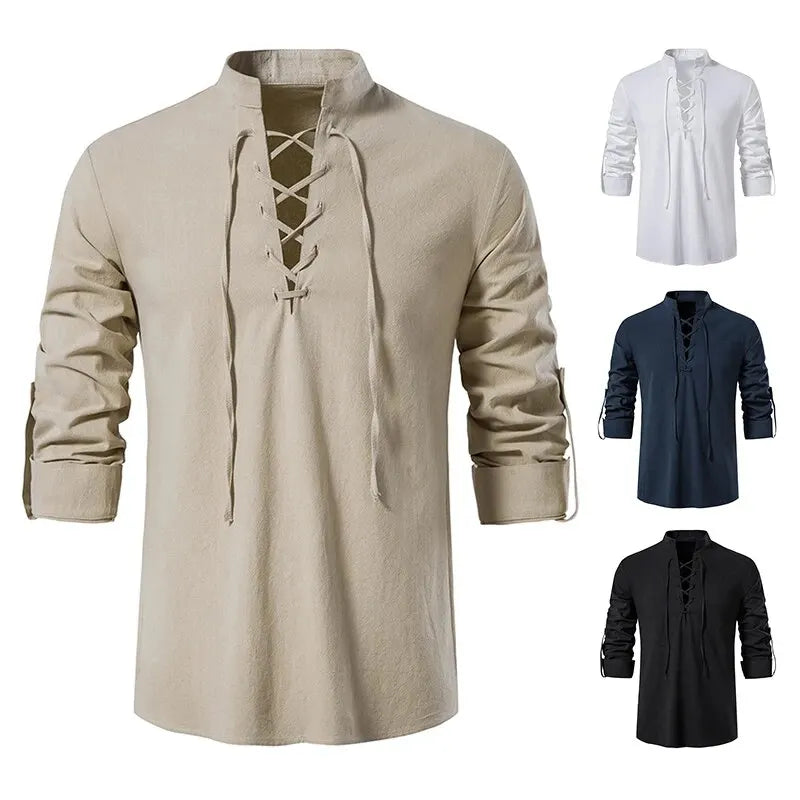 King Billion Men's Shirts Casual Men Cotton Linen Long Sleeve T-shirt Spring Autumn Vintage Shirt US Size Drawstring Neck Quick Pick Grocers