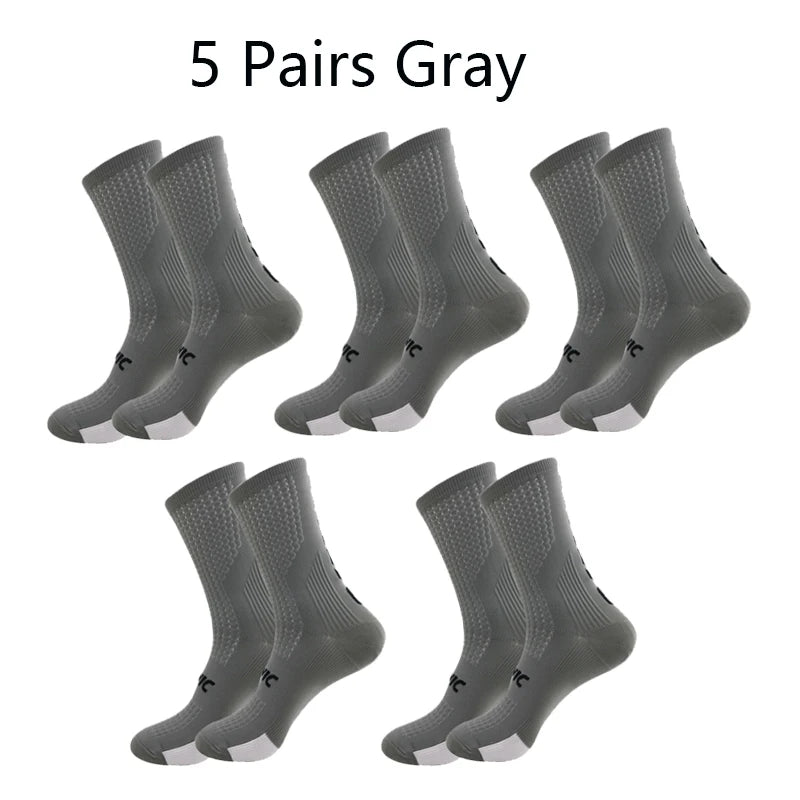 5 Pairs Cycling Socks Men Bicycle Sport Running Bike Socks Mid Tube Compression Outdoor Racing MTB Road Bike Socks Breathable Quick Pick Grocers