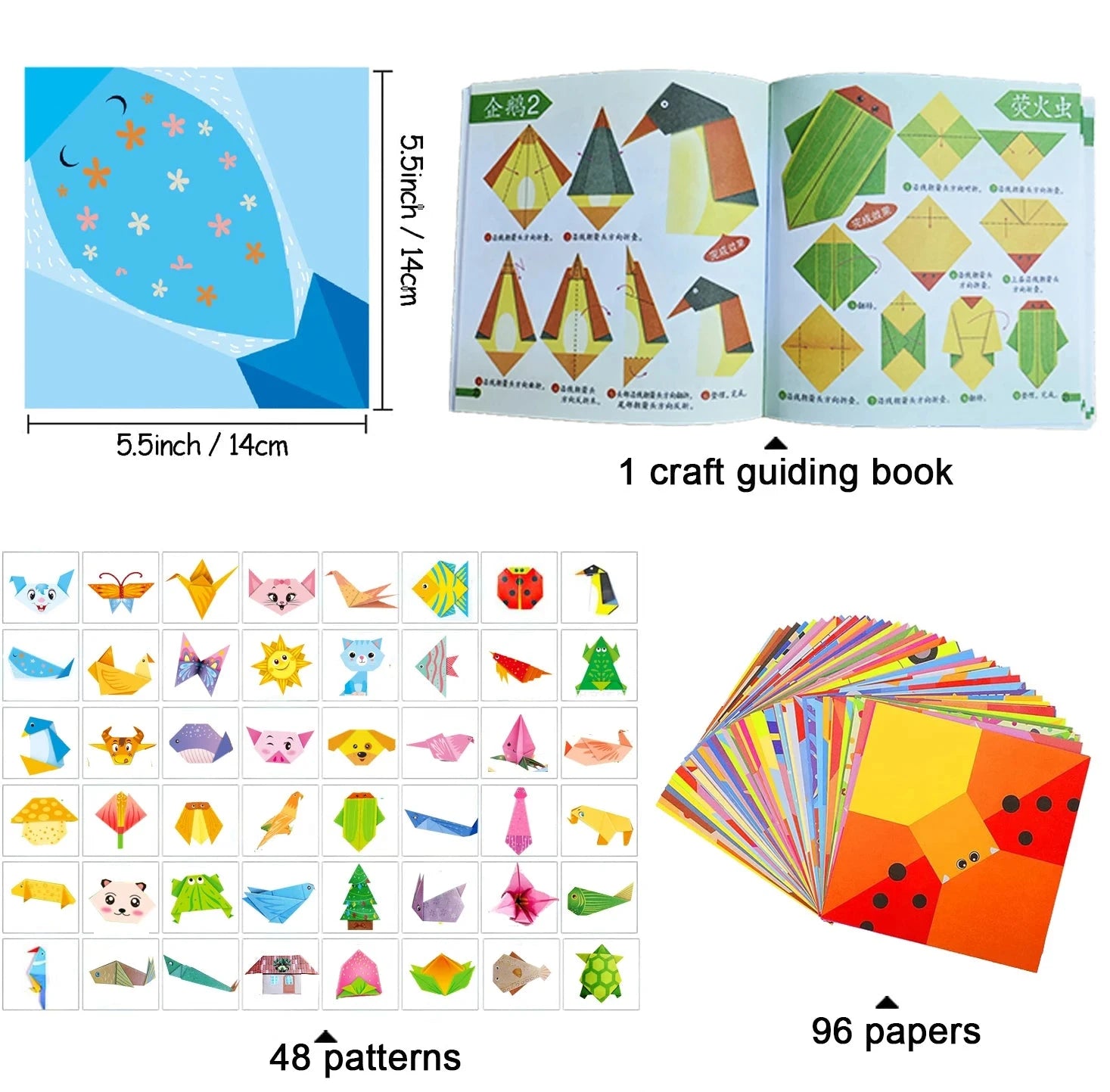 Origami Kit 30/96 Sheets Origami Paper Craft Guiding Book DIY Art Craft Projects Supplies for Beginners Children Kids Boys Girls Econic Blanks