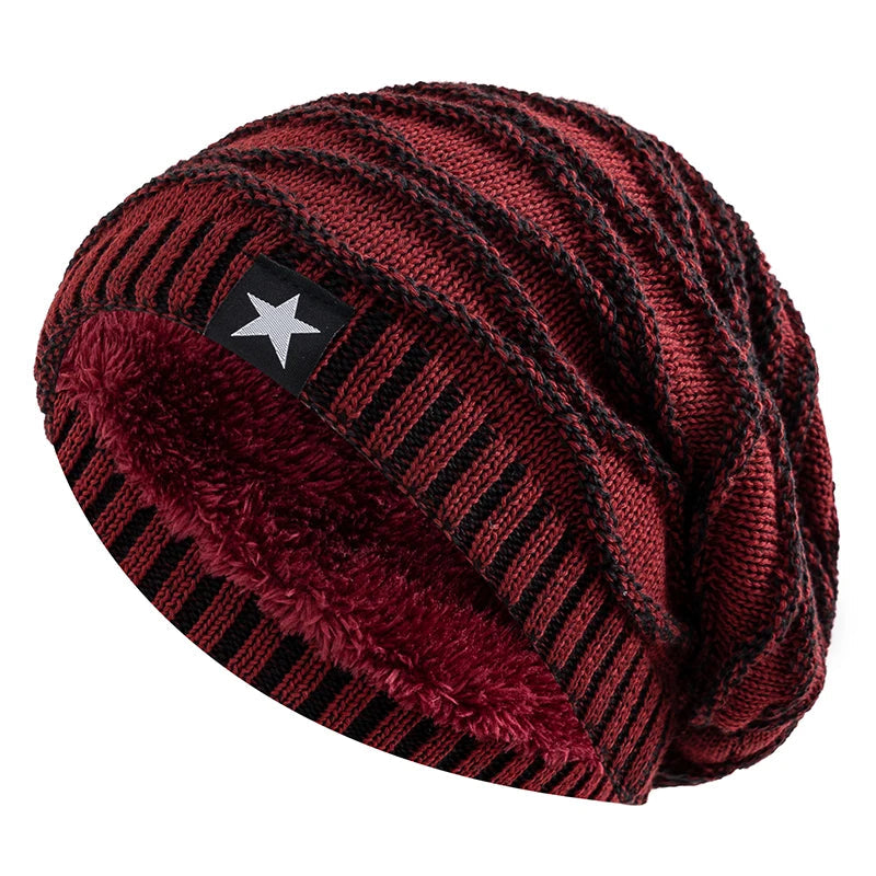 New Unisex Slouchy Winter Hats Add Fur Lined Men And Women Warm Beanie Cap Casual Five-pointed Star Decor Winter Knitted Hats Purest Peak