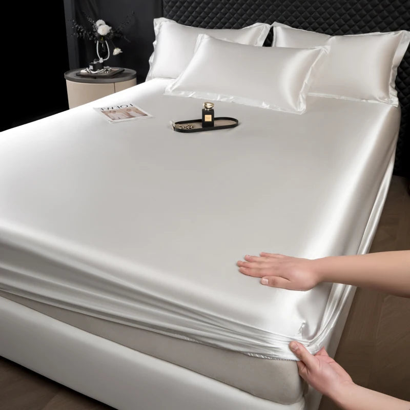 Solid Color Fashion Satin Fitted Sheet Rayon Mattress Cover with Elastic Band Bed Sheet for Bedding 140x200 160x200 Quick Pick Grocers
