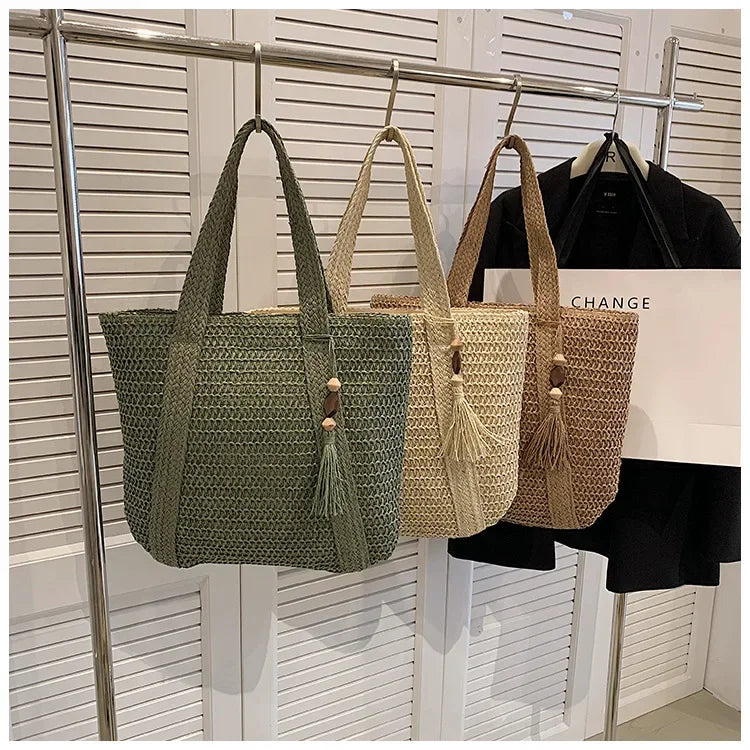 Elegant Ladies Straw Woven Handbag Women Holiday Beach Commute Casual Tote Top-Handle Bags Fashion Retro Shoulder Bags 2024 Quick Pick Grocers