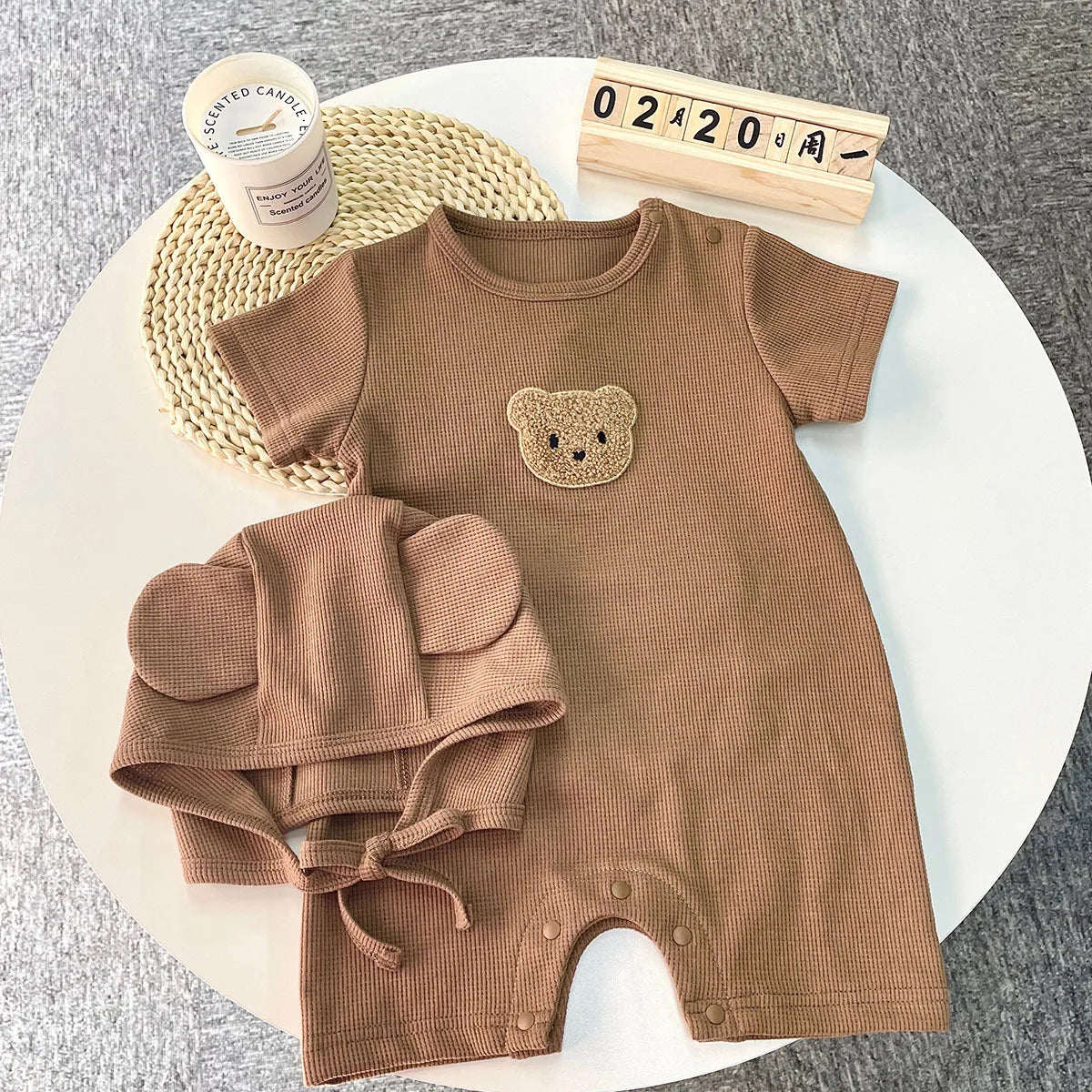 New In Summer Kids Baby Girls Boys Short Sleeve Waffle Patch Bear Infant Newborn Jumpsuits Cotton Romper Gift Hat with Ear Econic Blanks